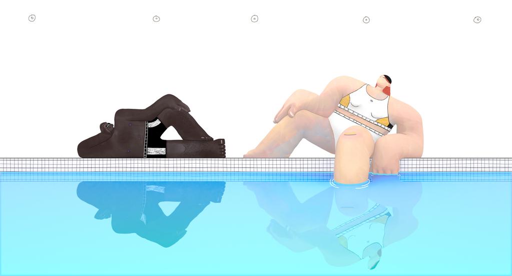 Imagem do filme Tarde na Piscina. Duas figuras humanas de grandes proporções relaxam à beira da piscina